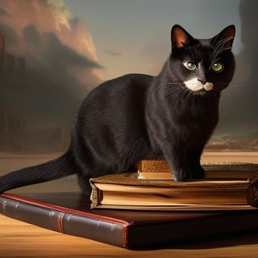 A cat playing on leather-bound old books  by @catulle