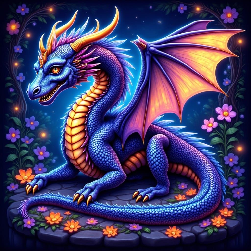 <lora:Flux Enigmatic:1.0> Craft a detailed pixel art of a dragon. The dragon should have beautiful, elaborately embellished wings that posse...