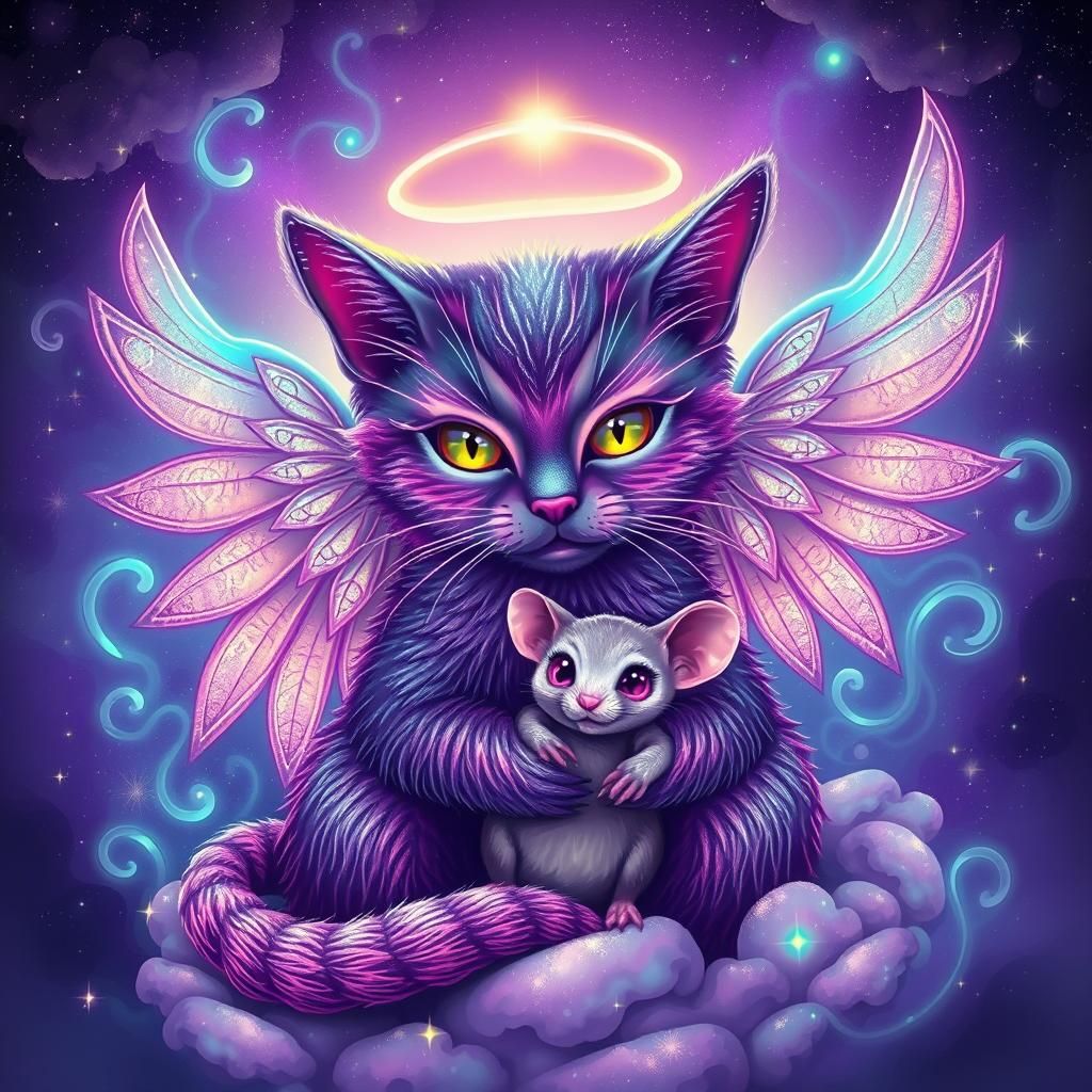  Cosmic purplegreen psychedelic Angel cat and cute mouse friend