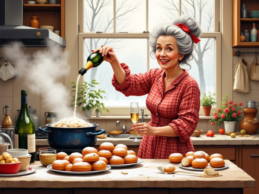 Joyful Woman Frying Doughnuts and Toasting Champagne