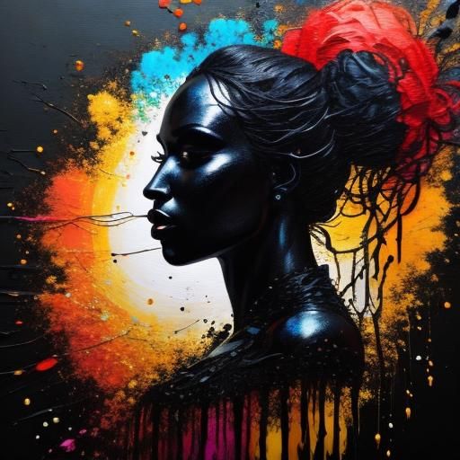 Black silhouette, splash art painting, colourful splashes of paint <lora:Aia:1.0>