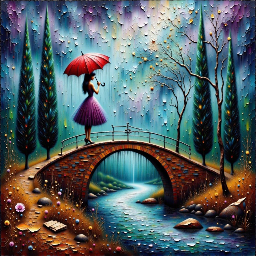 An impasto painting on a cracked background, depicting a woman with an umbrella standing on a picturesque bridge over a river on a rainy day...