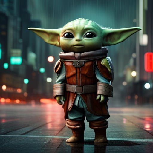 a young baby yoda is dressed in mandolorian armor and standing in a rainy cyberpunk city