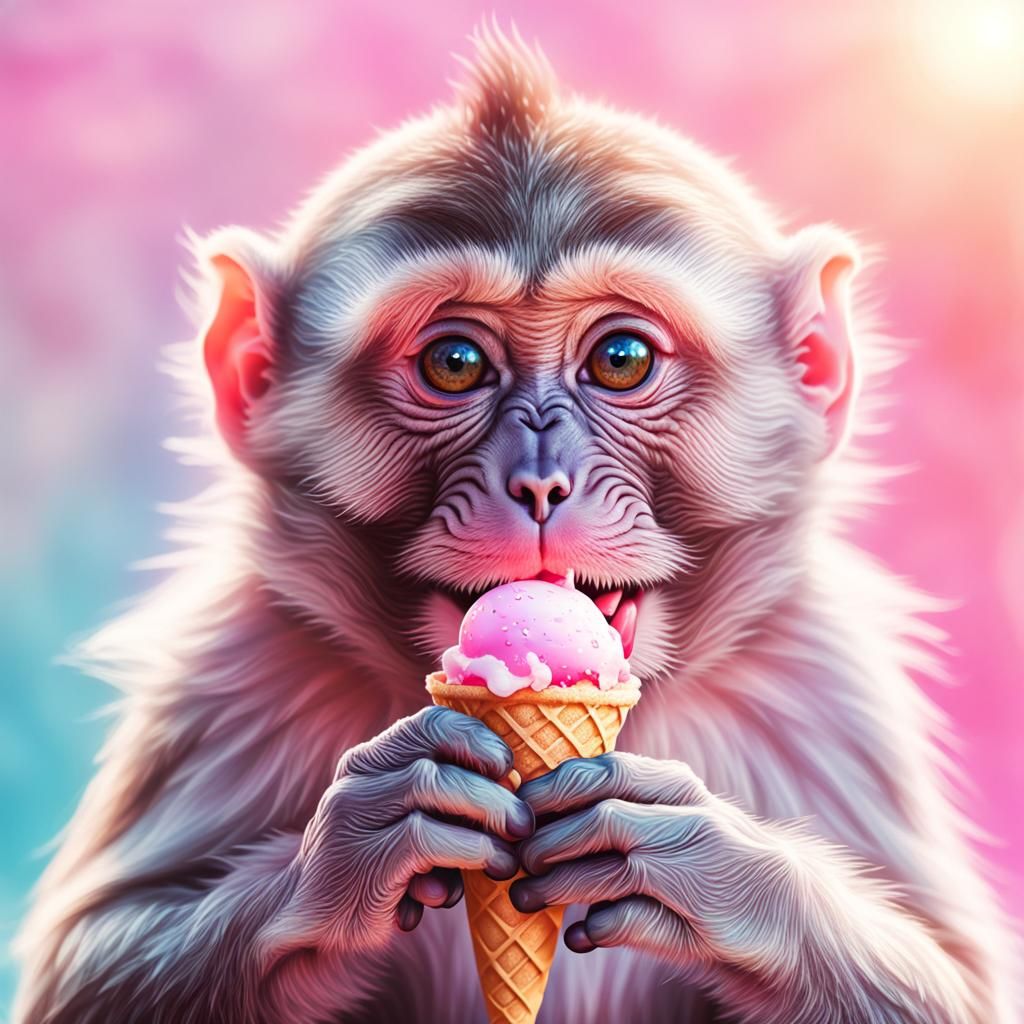 Monkey Licking Pink Ice Cream: Digital Art Portrait