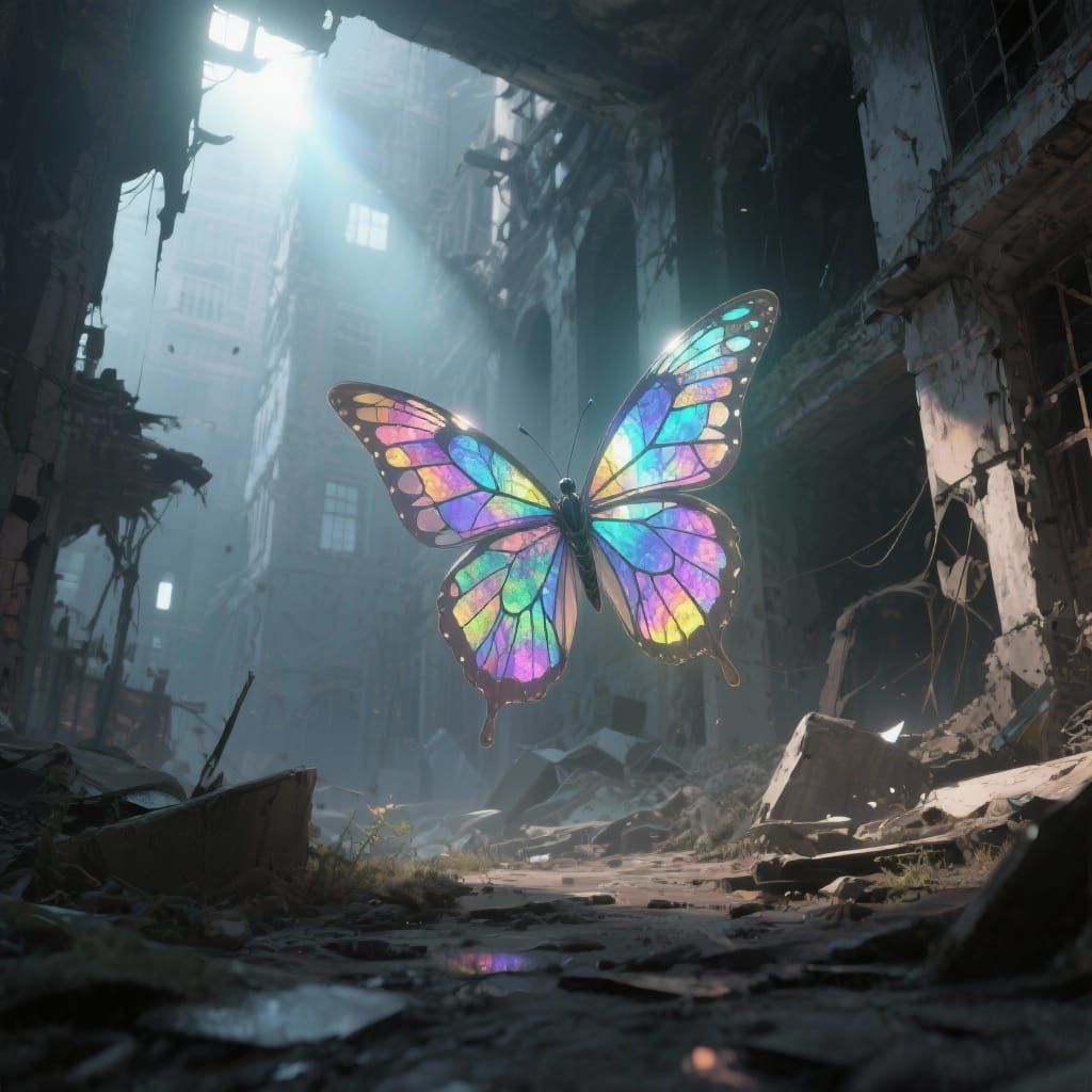 A vibrant, iridescent butterfly with wings like stained glass flutters through the desolate ruins of a forgotten city. Ethereal light filter...