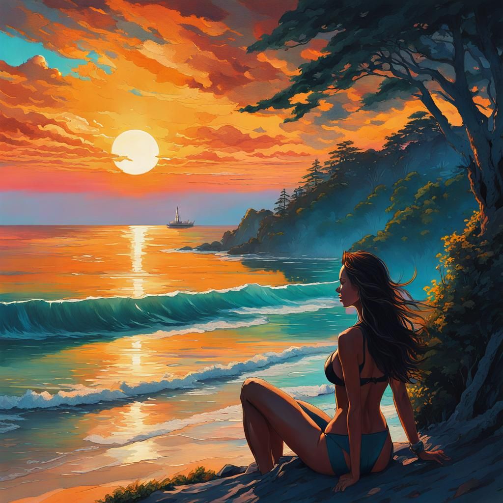 Young Woman and the Sea v7 - AI Generated Artwork - NightCafe Creator