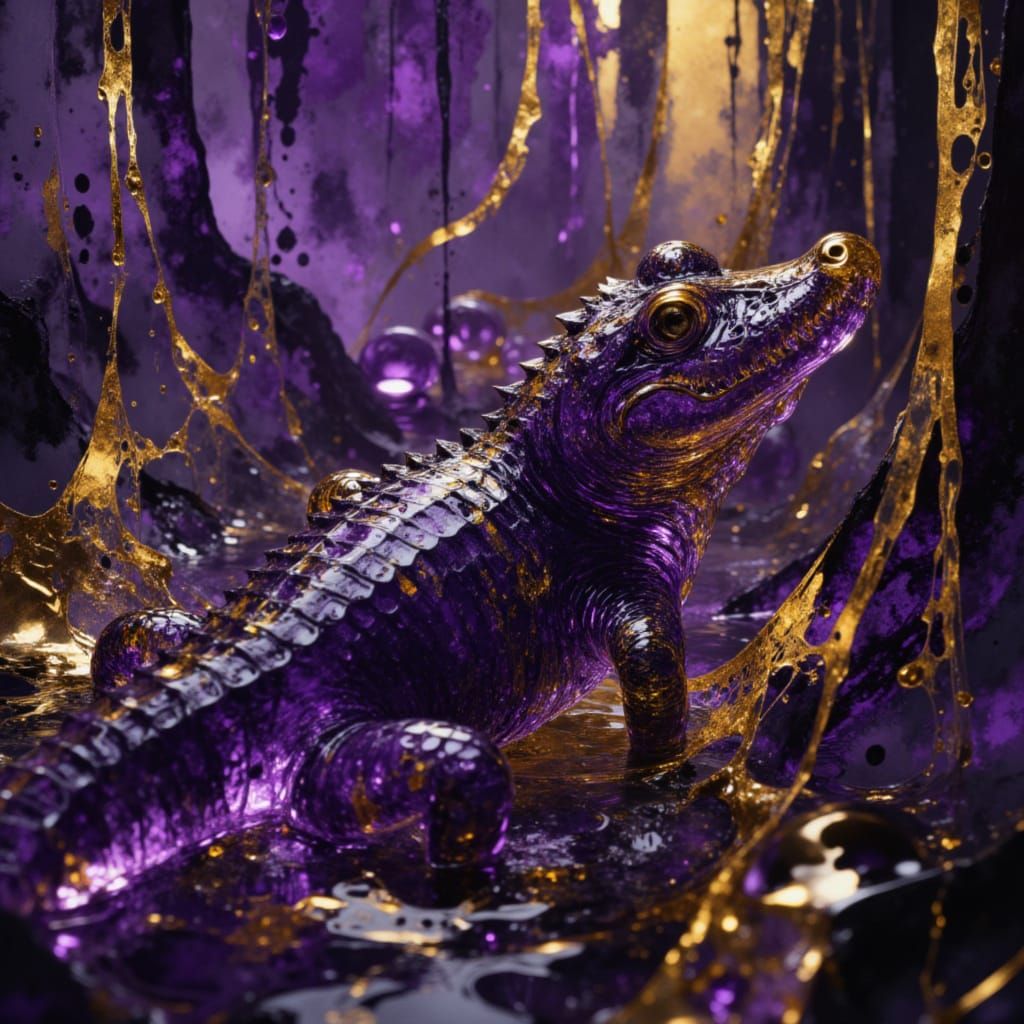 two-point perspective <lora:AnthroGator:1.0> <lora:Obsidian Reverie:1.0> <lora:Glass animals:1.0> <lora:Verticales - gold:1.0> glass purple ...