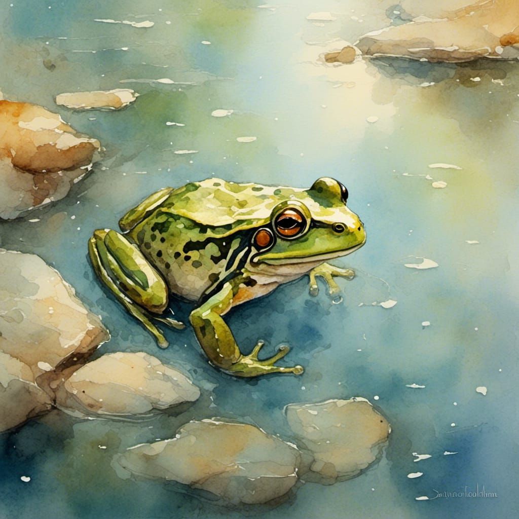 River Bathing  <lora:MoonNight:1.0>  up close frog