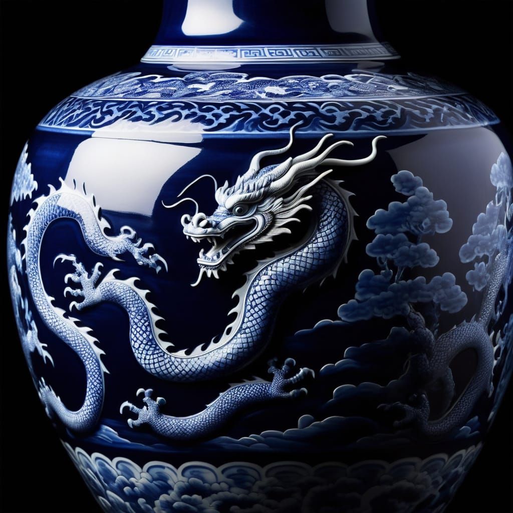 Chinese Vase With Blue Dragon Motif In Dramatic Light