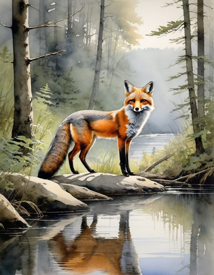 Grey Fox on a riverbank in a forest