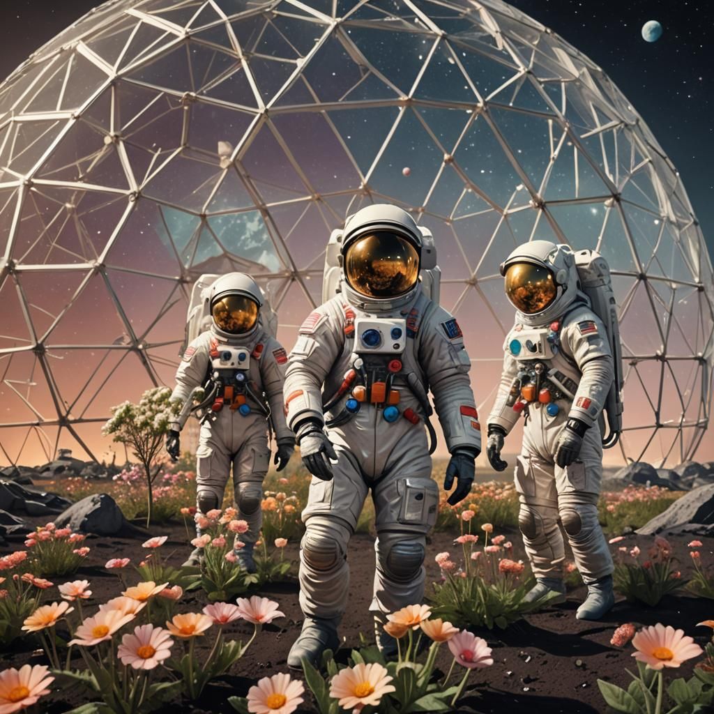 Three men in spacesuits tending to the flowers in a geodesic...