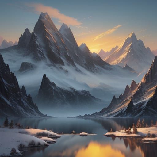 Surreal Lotus Blooms Amidst Snow-Capped Peaks in Golden Ligh...