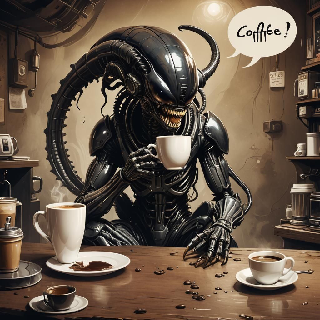 Tired Xenomorph with Coffee: Digital Concept Art