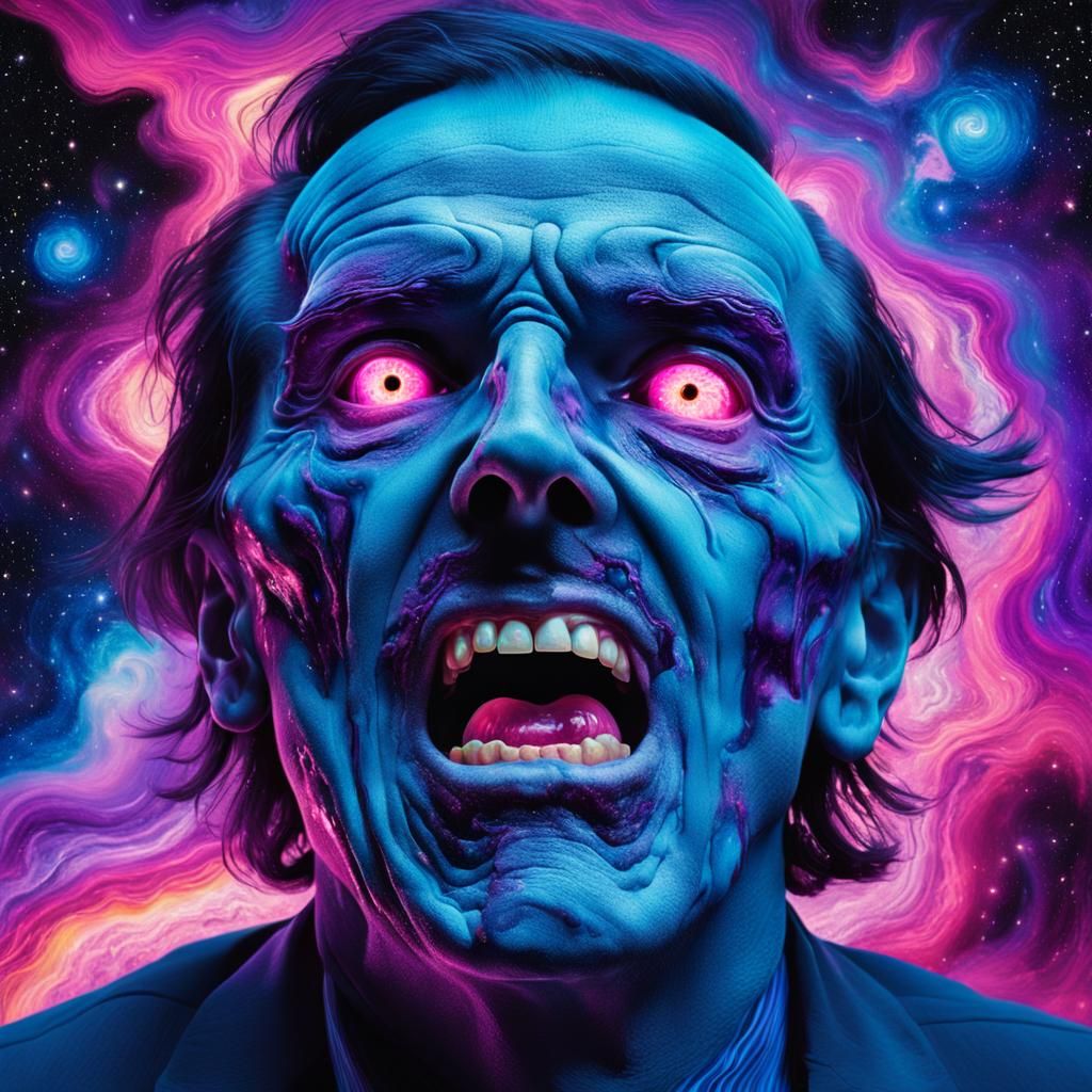 A human face, distorted in a raw, anguished scream, eyes bul...