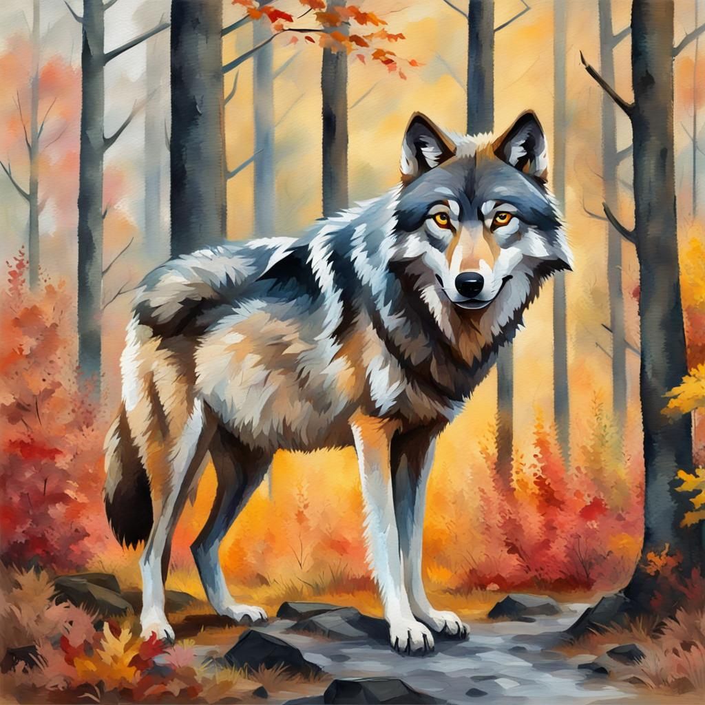 Grey wolf  in the forest during fall