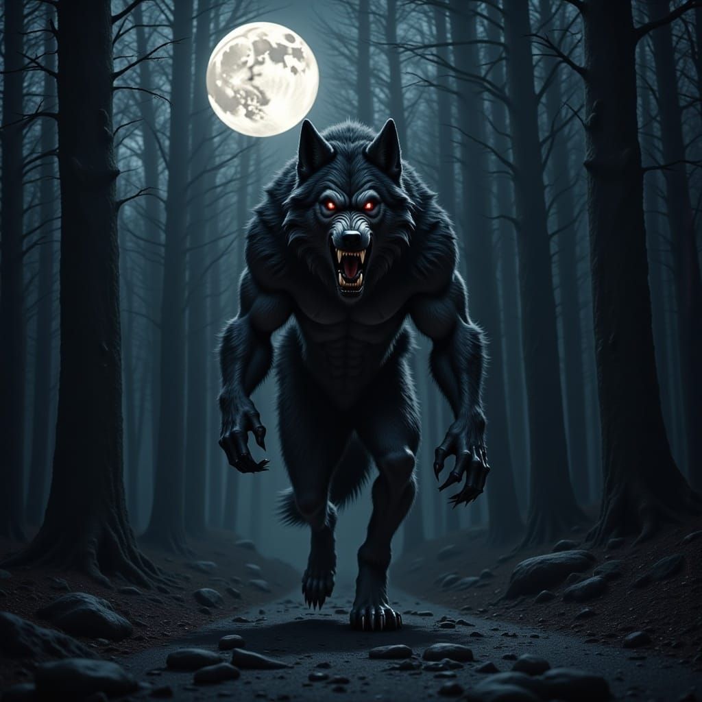 A werewolf walking like a man prowling under the moonlight <lora:Flux Werewolf v2:1.0> 