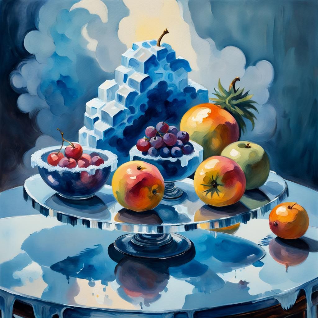 fruit made of blue cloud-shaped ice. above mirror table, dramatic lighting. mist  by @undefined