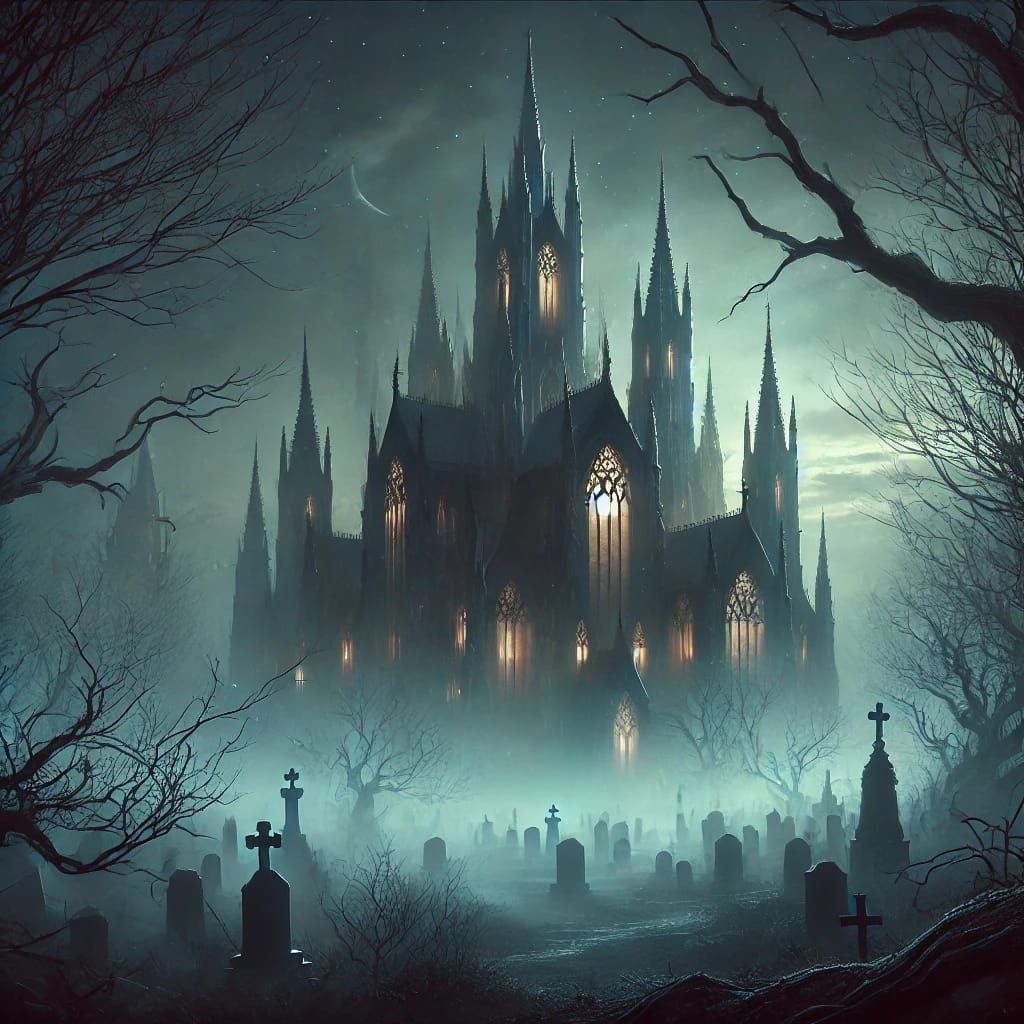 A gothic witch's manor shrouded in an eerie, necromantic atmosphere. The dark, towering structure is adorned with twiste...