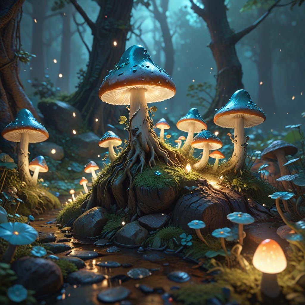 Gnomes' Glowing Mushroom Garden in 3D Anime Style
