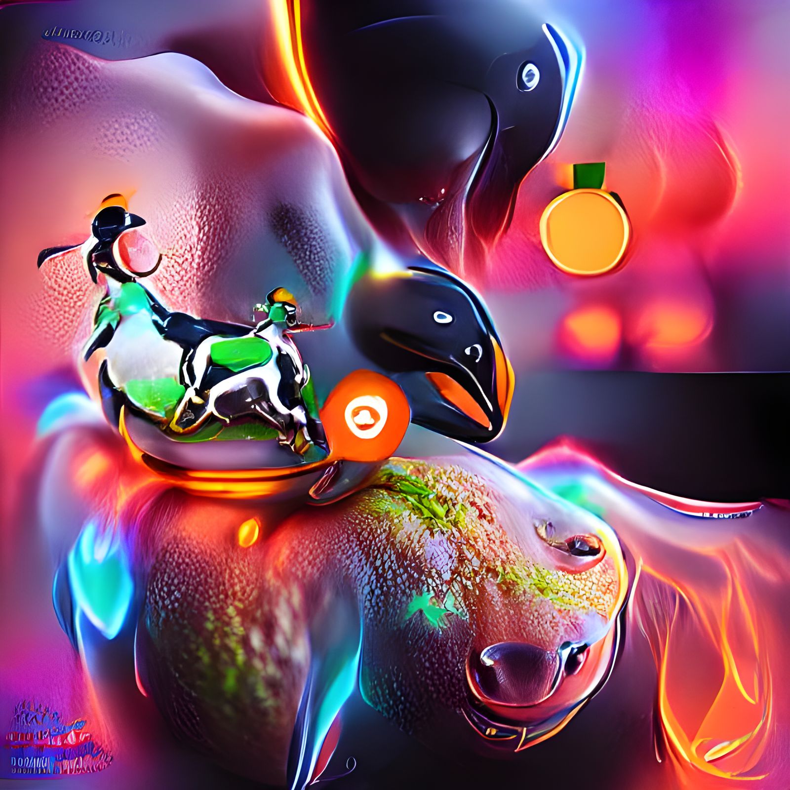 cyborg Pingu riding an orange rodeo bull with green spots