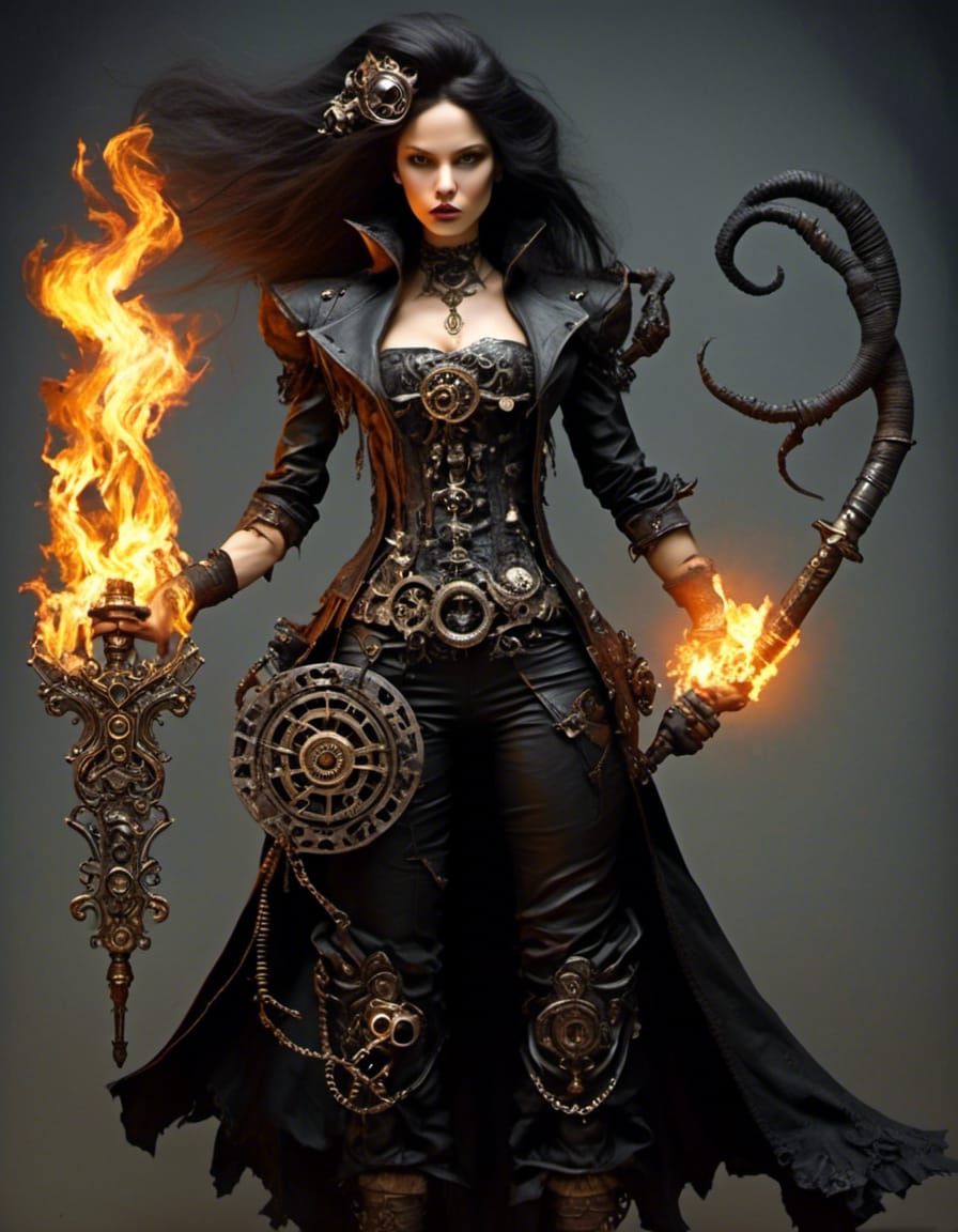 <lora:JG_EERIE:1.0> Magical flame sword, steampunk engine, d...