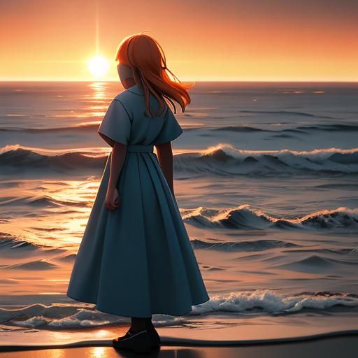 Young Woman Watching Sunset Sailboat: Cinematic Film Still