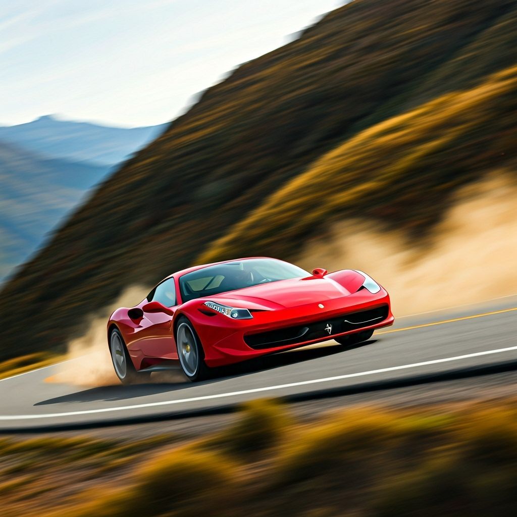 Red Ferrari Speeds on Mountain Road
