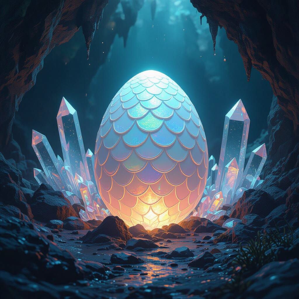 White egg with scales iridescent in a cave filled with crystals