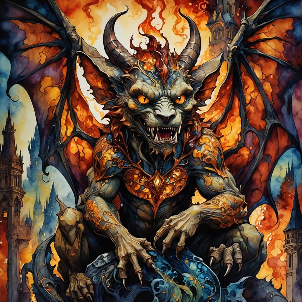  impressive fiery frightening Gargoyle, art nouveau, alcohol ink, batik, Jesper Ejsing,  fantasy  by @Terra