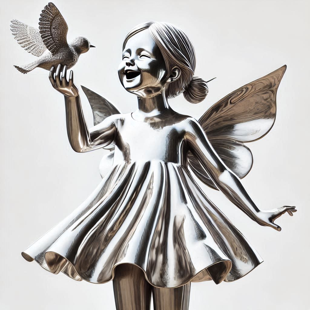 The child smiling at the bird, silver sculpture.