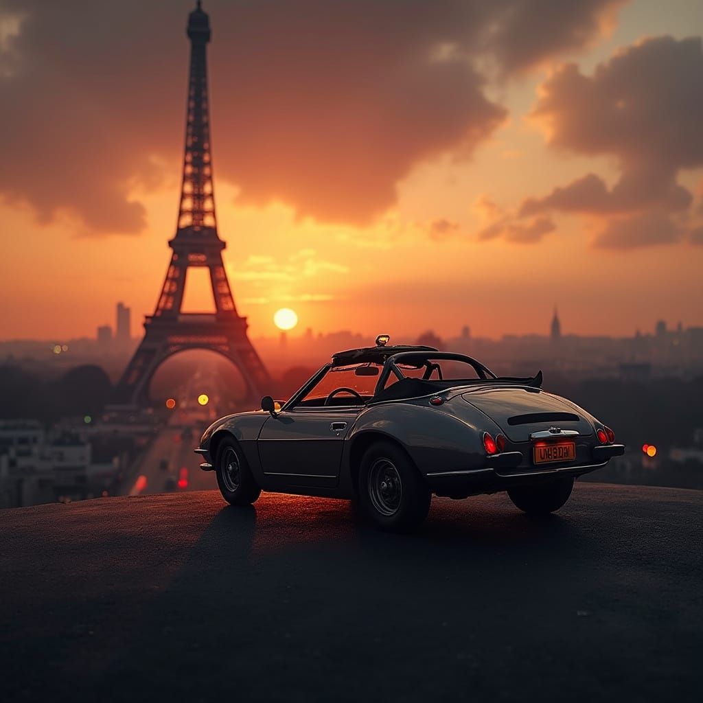 Car on Eiffel Tower at Sunset in Sci-Fi Style
