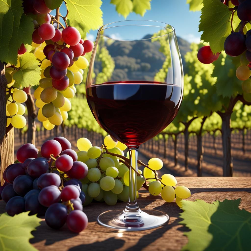 realistic, 3D 4K, close up, a nice vineyard with red and green grapes ...