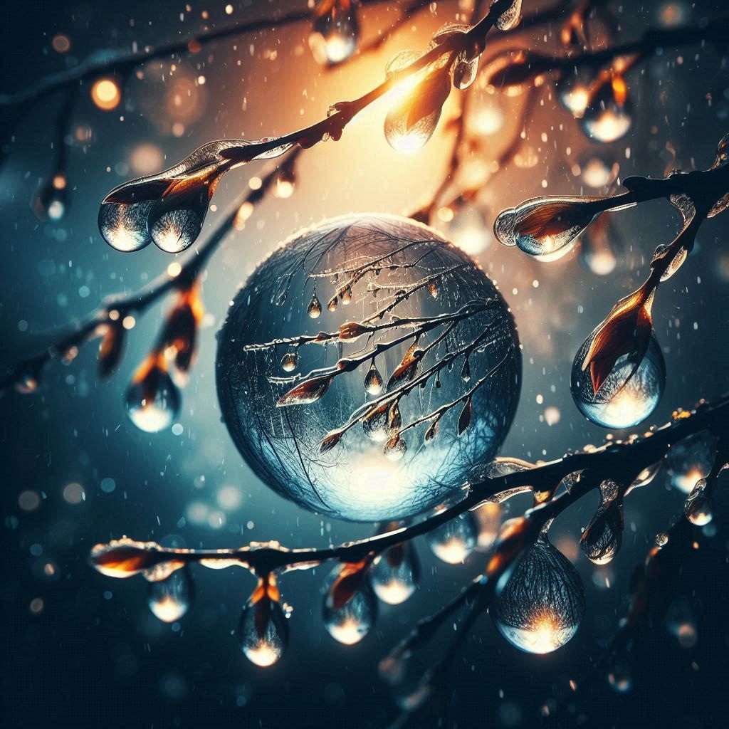 date by the birch Tree Winter, silently waiting. Drops on wet branches, coming soon – You will become ice