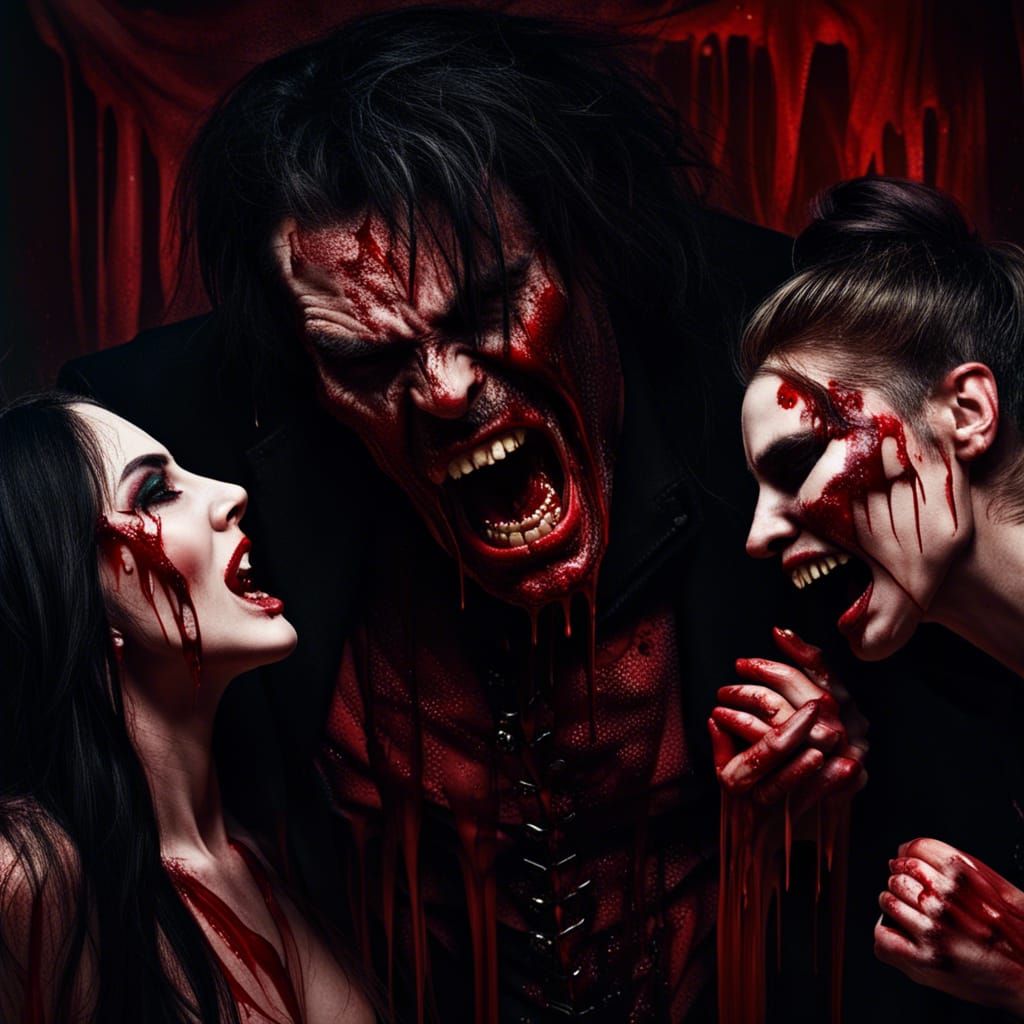 Striking image of a vampire man with large sharp teeth, dripping with blood surrounded by two women with ...  by @undefined