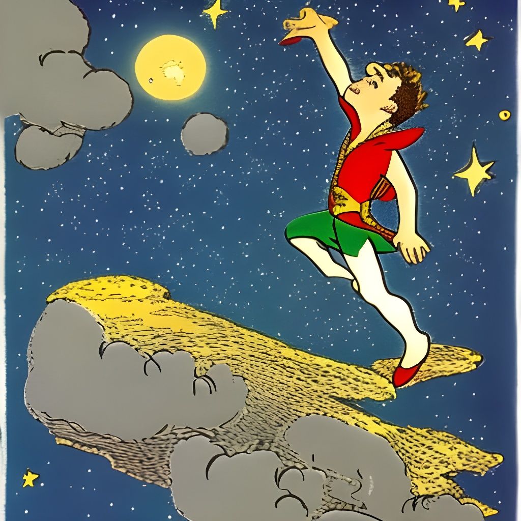 Peter Pan flying in the starry sky on a full moon night, ful...