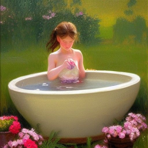 Girl washing with flowers in a basin