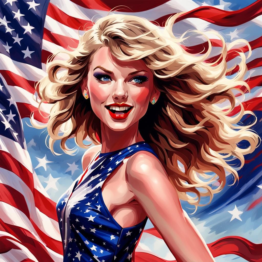 Taylor Swift, patriotic dress echoing US Flag colors, red, white, blue ...