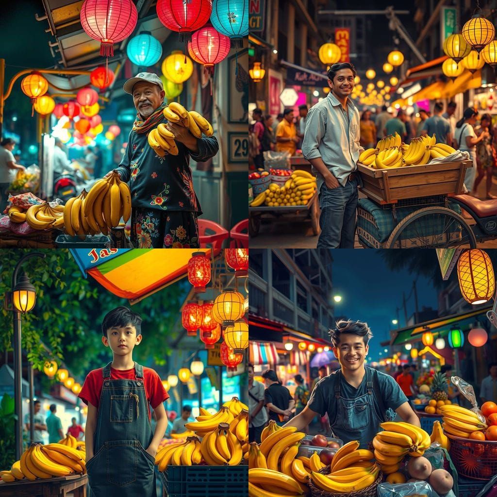 Night market. A guy selling bananas.