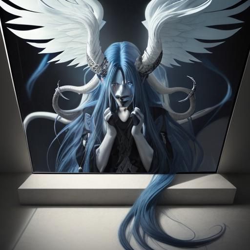 A long blue haired man half angel half demon mirrored with l...