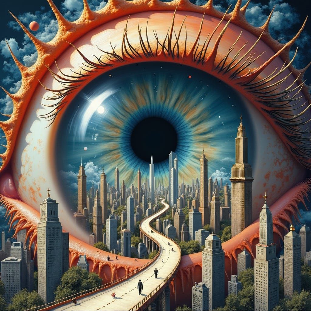 <lora:MJ6 EyeFlux:0.3> 
surreal cityscape within the eye, within the eye is a city in the style of surrealistic eye art
