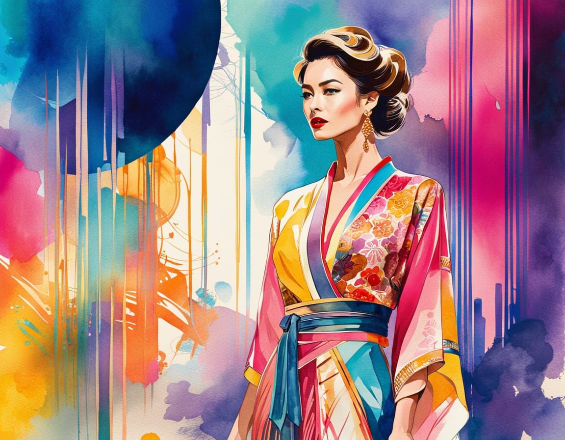 Watercolor Mondian fashion model sketch intricale details ja...