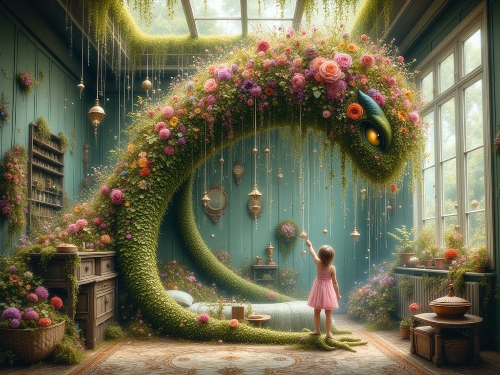 photorealistic, 8k resolution, a masterpiece, surreal, a giant elemental made entirely of twisting vines and flowers, lifts a small girl up ...