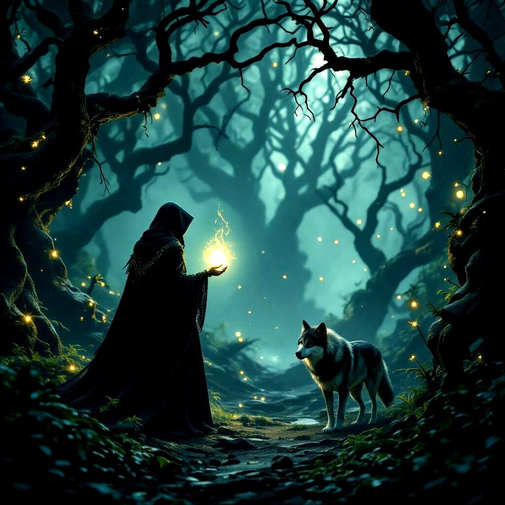 CINEMATIC LIGHTING. A MYSTERIOUS WITCH, CLOAKED AND HOODED, STANDS AT THE EDGE OF AN ANCIENT, OVERGROWN FOREST, HOLDING A GLOWING ORB. THE F...