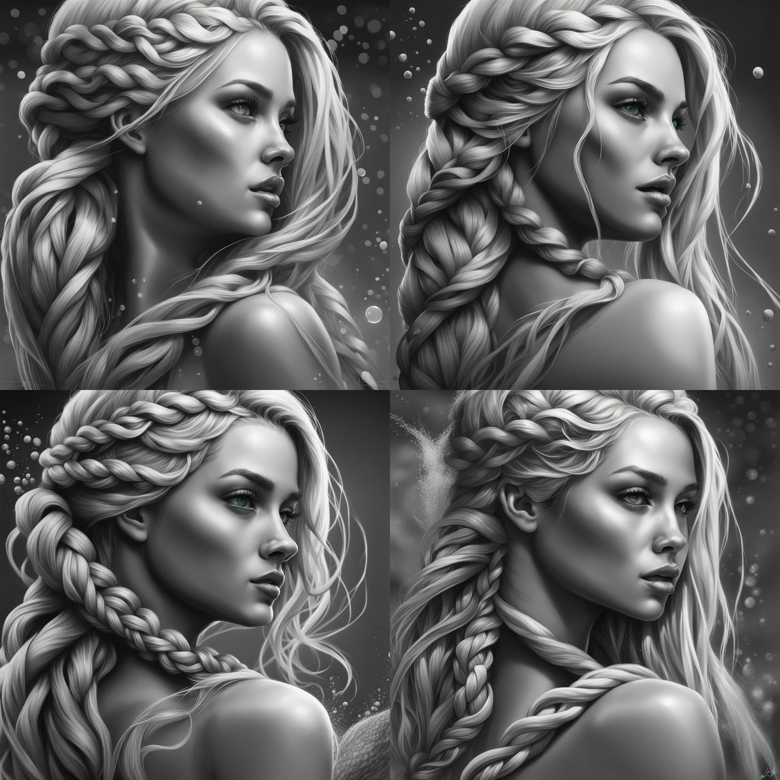 greyscale, mermaid, long blonde braid - AI Generated Artwork ...