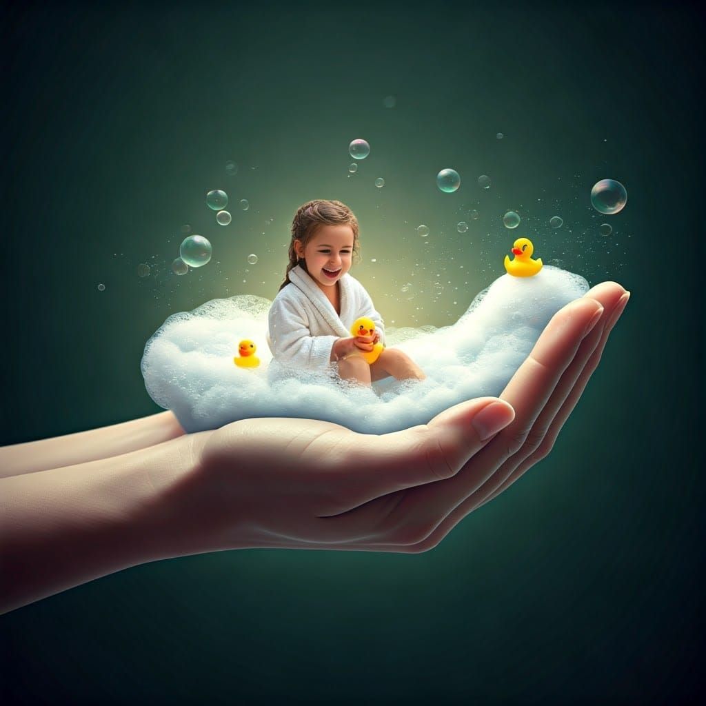 Tender Moment of Childlike Joy in a Magical Realism Style