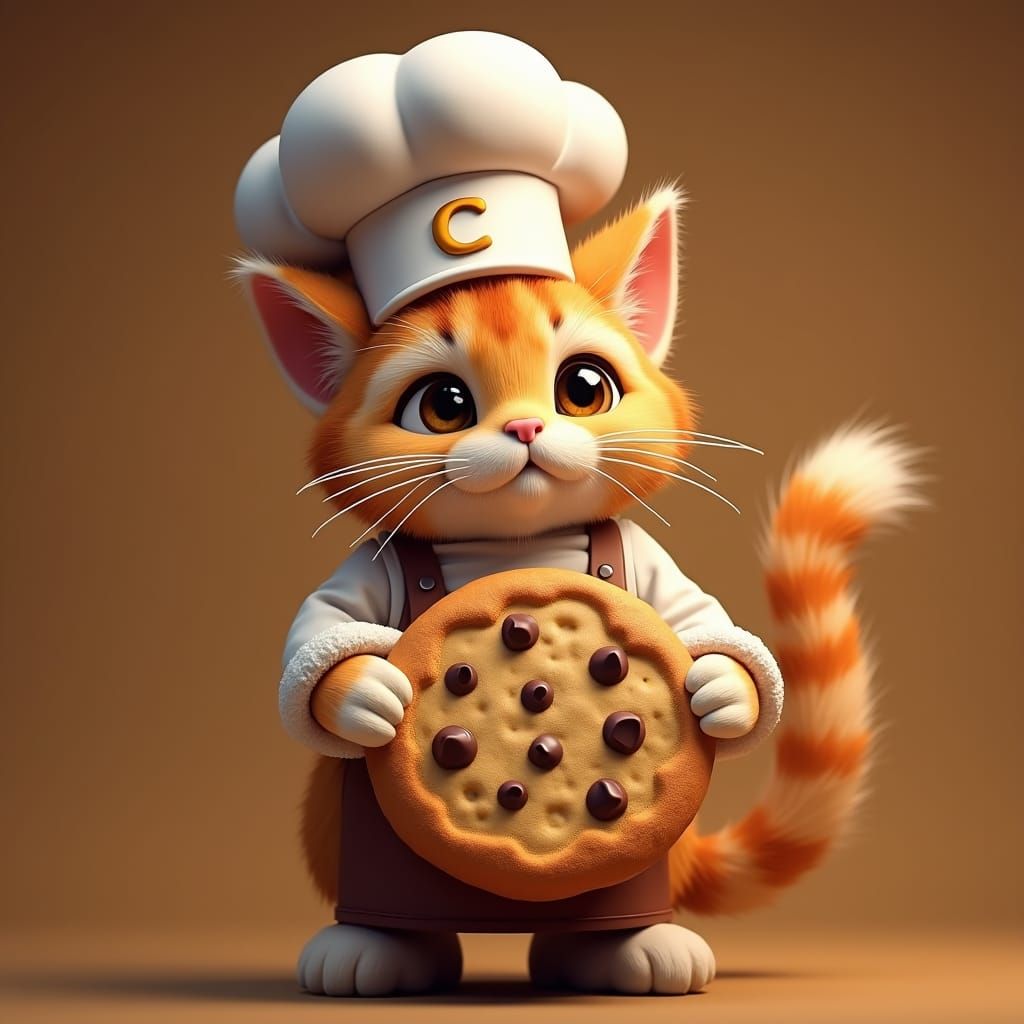 "Design a realistic
 mascot as  a cat for a cookie shop named 'Crumbix.' The cat should be wearing a chef's hat, and holding a large cookie....