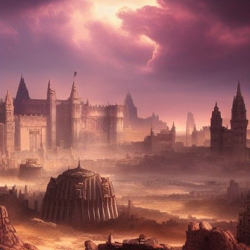 a city in the desert with districts separated by 3 walls wit...