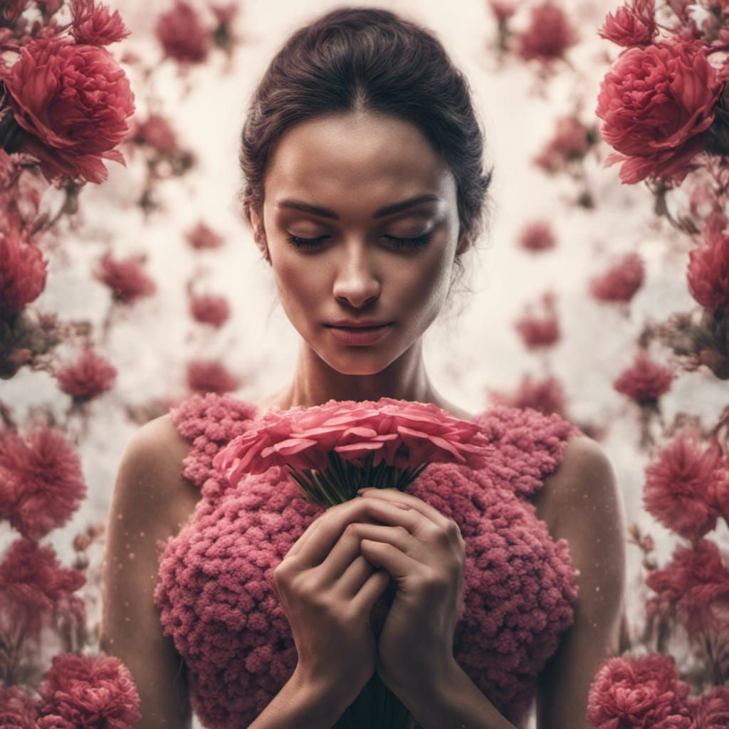 Person android in love with flowers