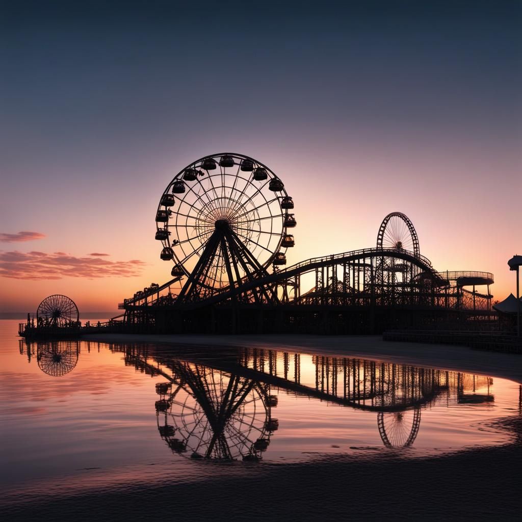 Dark deserted theme park on the waterfront at dusk. The silhouettes of ...