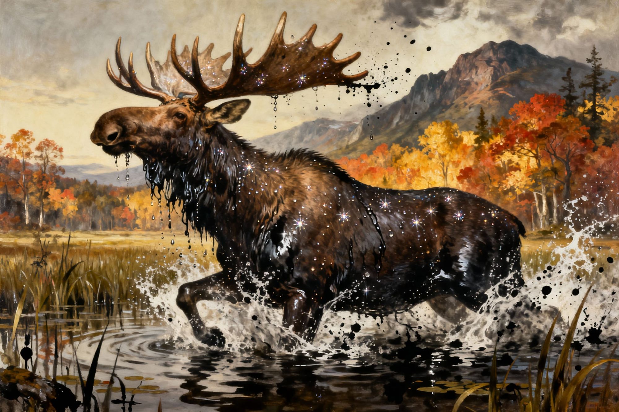 A moose kicking up marsh mud